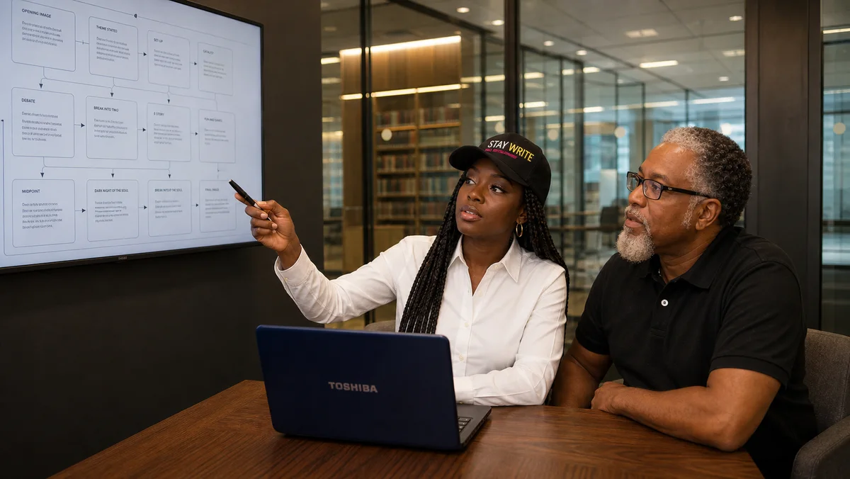 Linda Orji guiding Matthew Gardner through screenplay structure during a Writer’s Residency session.