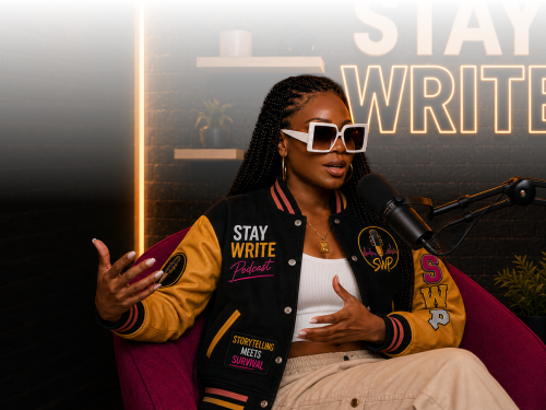 Linda Orji recording Stay Write Podcast in a black-and-gold varsity jacket, white sunglasses and pink chair