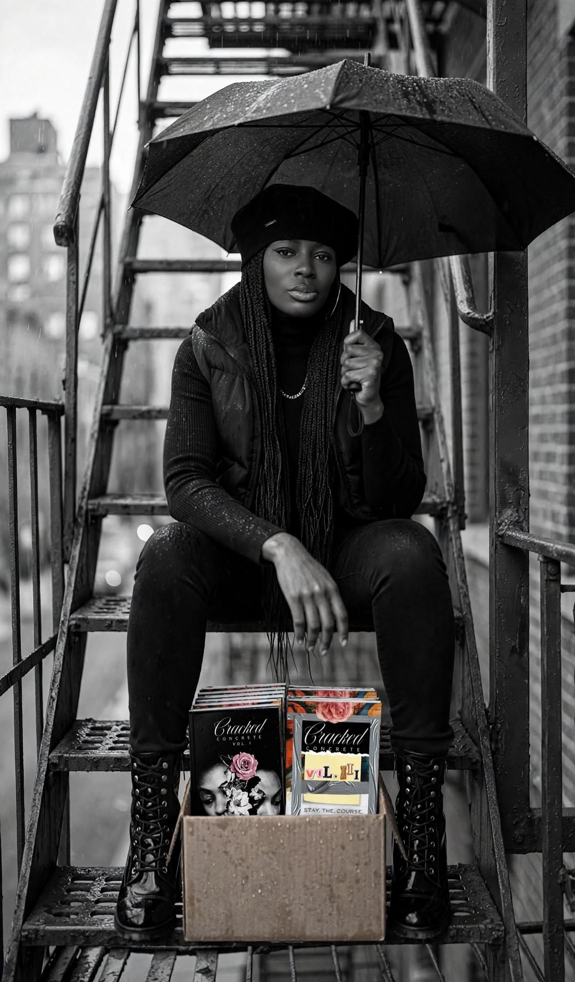 Linda Orji holding Cracked Concrete Volume I on a New York City street