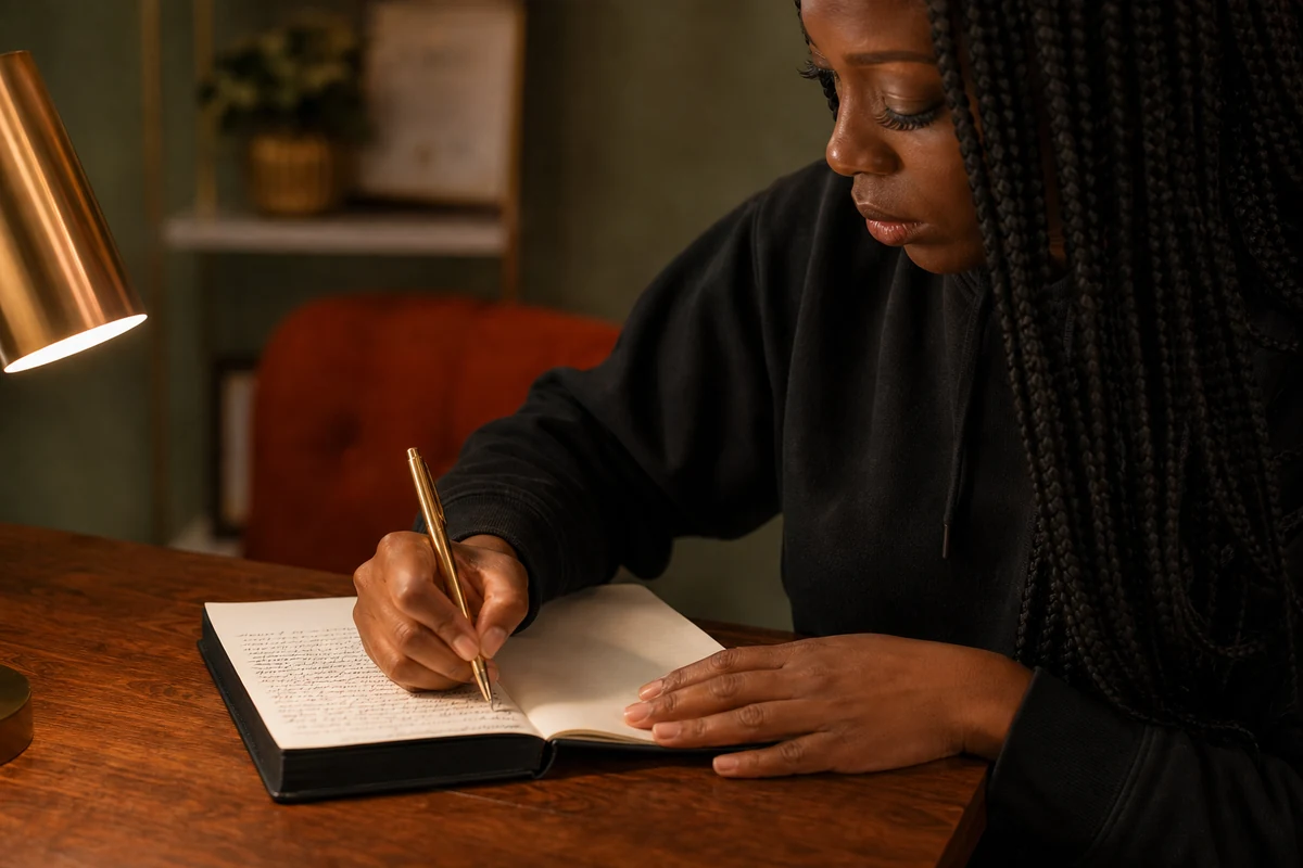 Linda Orji writing longhand in her journal with a gold pen in her home office