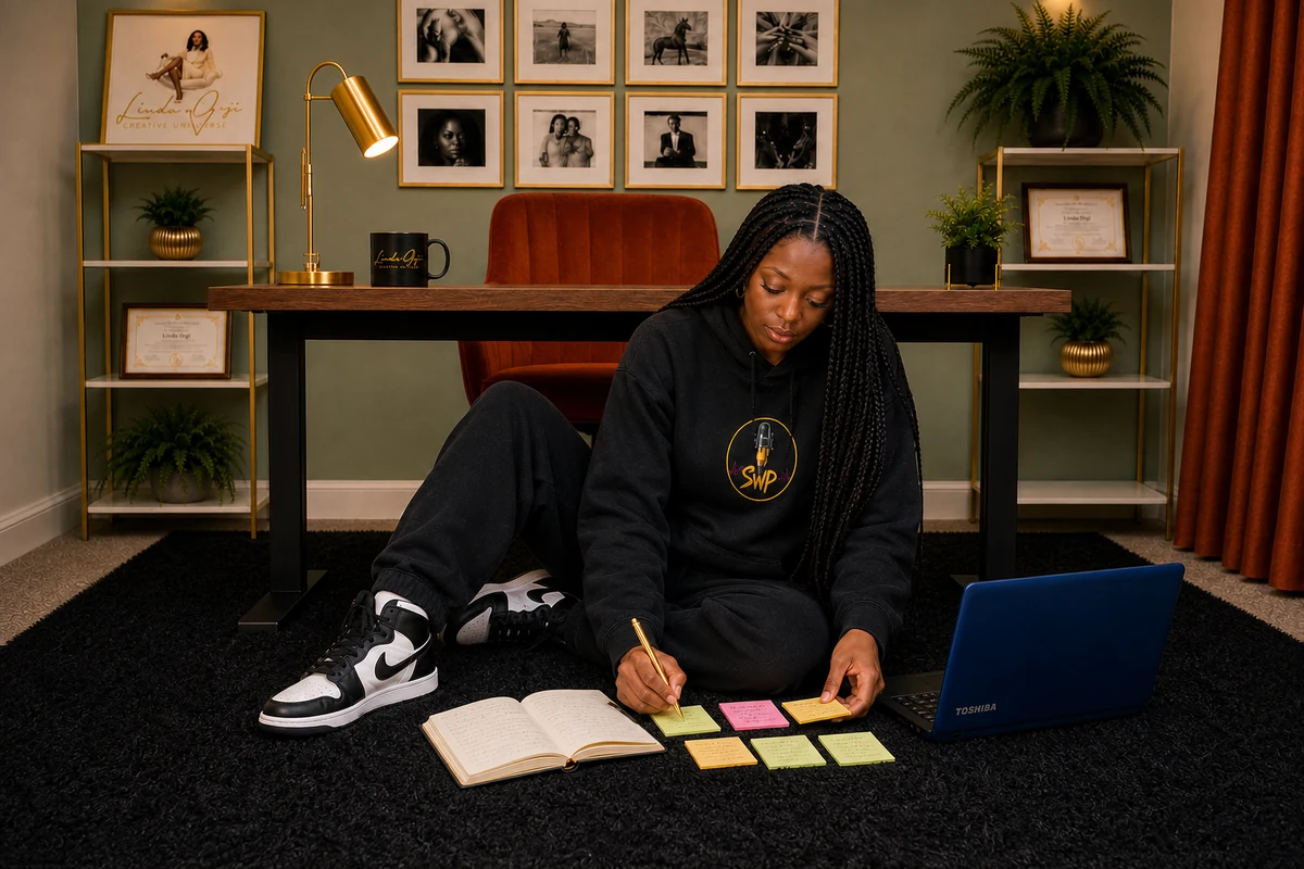 Linda Orji brainstorming on the floor of her green-walled home office with her blue Toshiba laptop, journal, and realistic sticky notes
