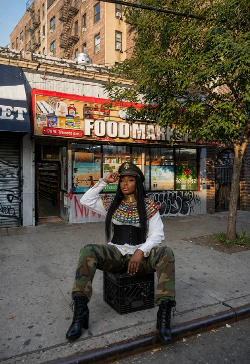 Linda Orji seated outside a New York Bronx bodega in her African army fatigue and military hat