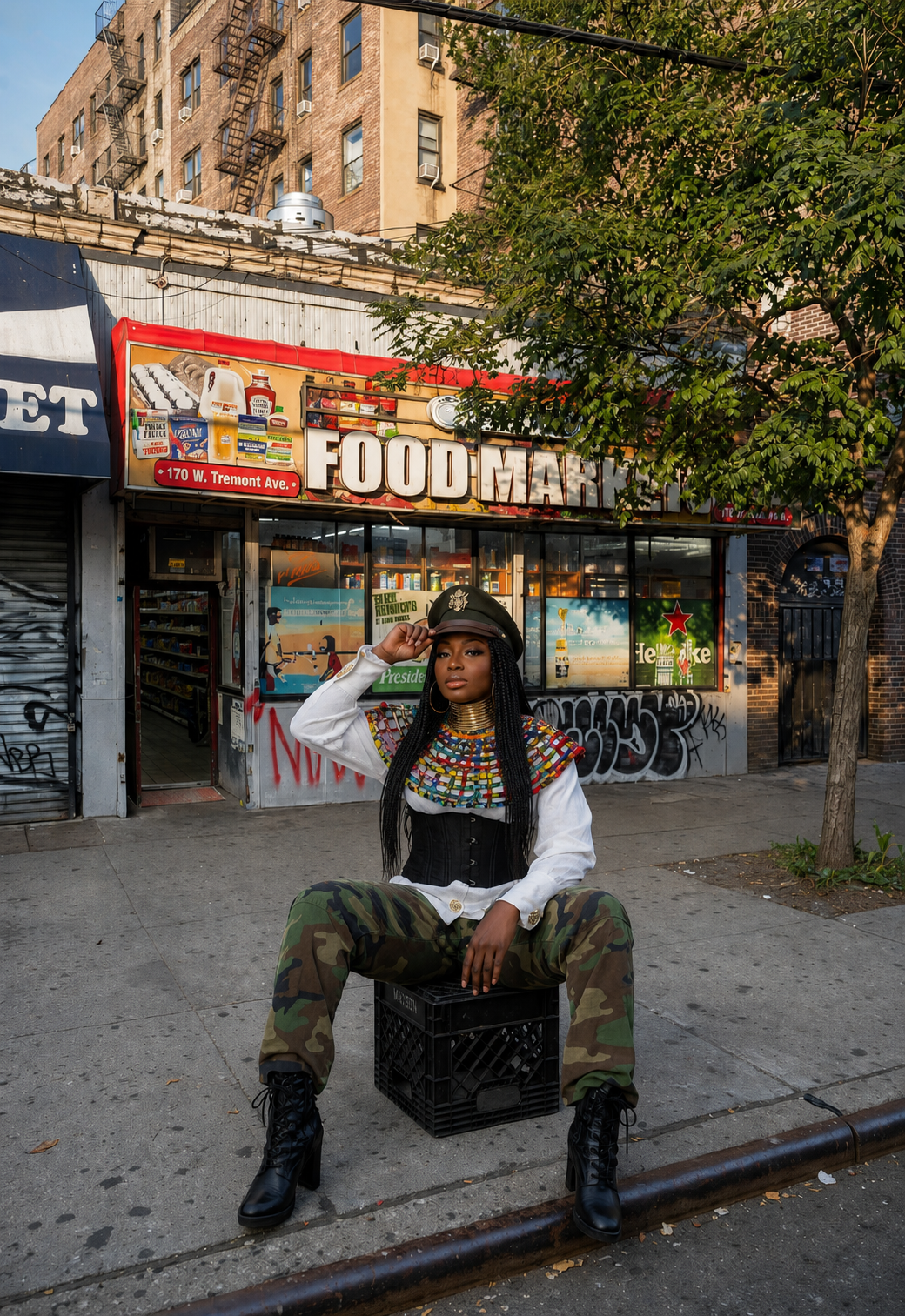 Linda Orji seated outside a New York Bronx bodega in her African army fatigue and military hat