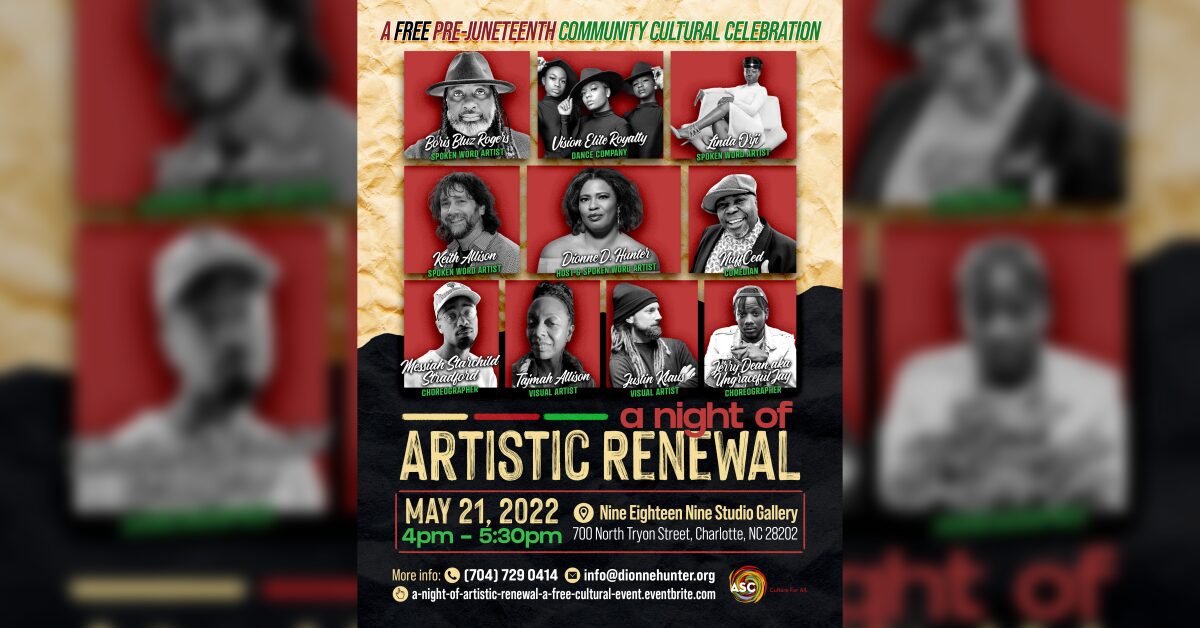 Official flyer for A Night of Artistic Renewal, May 21, 2022, 4–5:30 p.m., at Nine Eighteen Nine Studio Gallery, featuring Linda Orji.