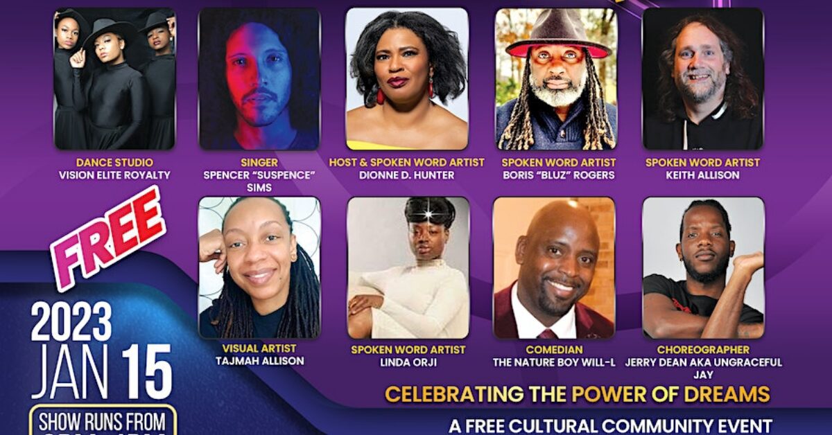 Official flyer for A Night of Artistic Renewal Vol. II: Celebrating the Power of Dreams, January 15, 2023, featuring Linda Orji.