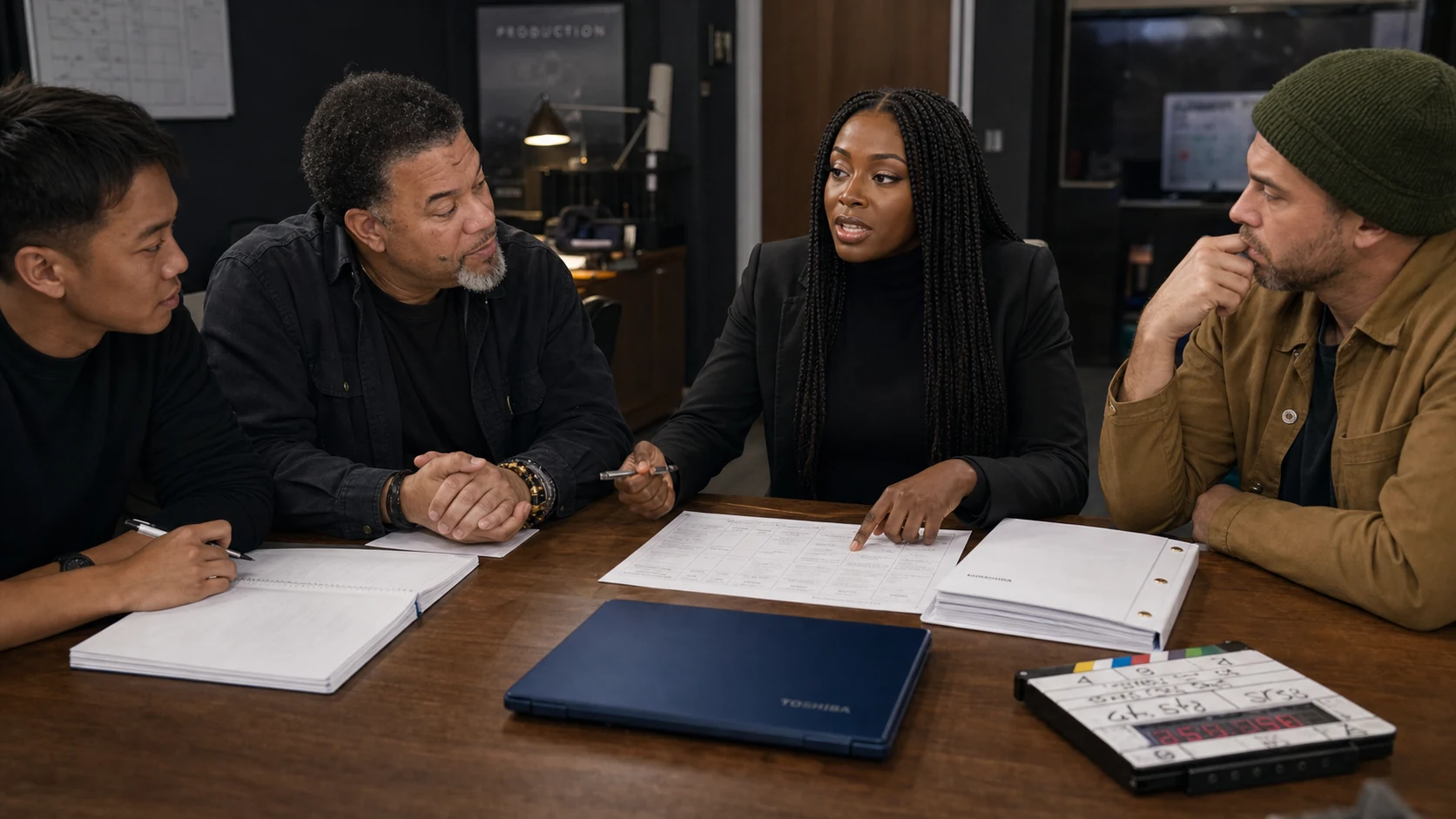 Linda Orji leads screenplay planning with Matthew Marrow and his production team