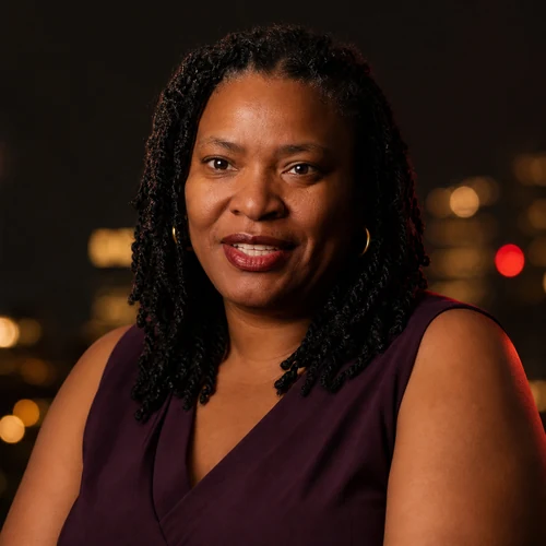Black and white portrait of Linda Orji seated in a library