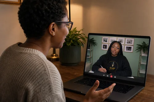 A client on a focused virtual Genius Session with Linda Orji in her home office