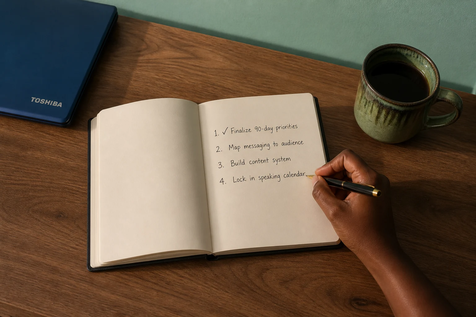 A clear prioritized action plan in a black journal beside the blue Toshiba laptop and gold pen used by Linda Orji