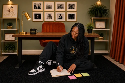 Linda Orji brainstorming her next book on the floor of her green-walled home office with a journal and focused notes