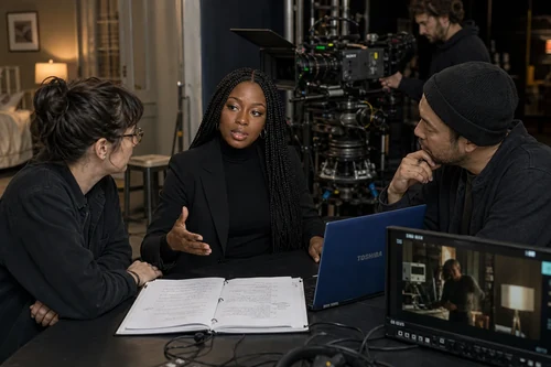 Linda Orji leading a screenplay revision with a production team on a film set