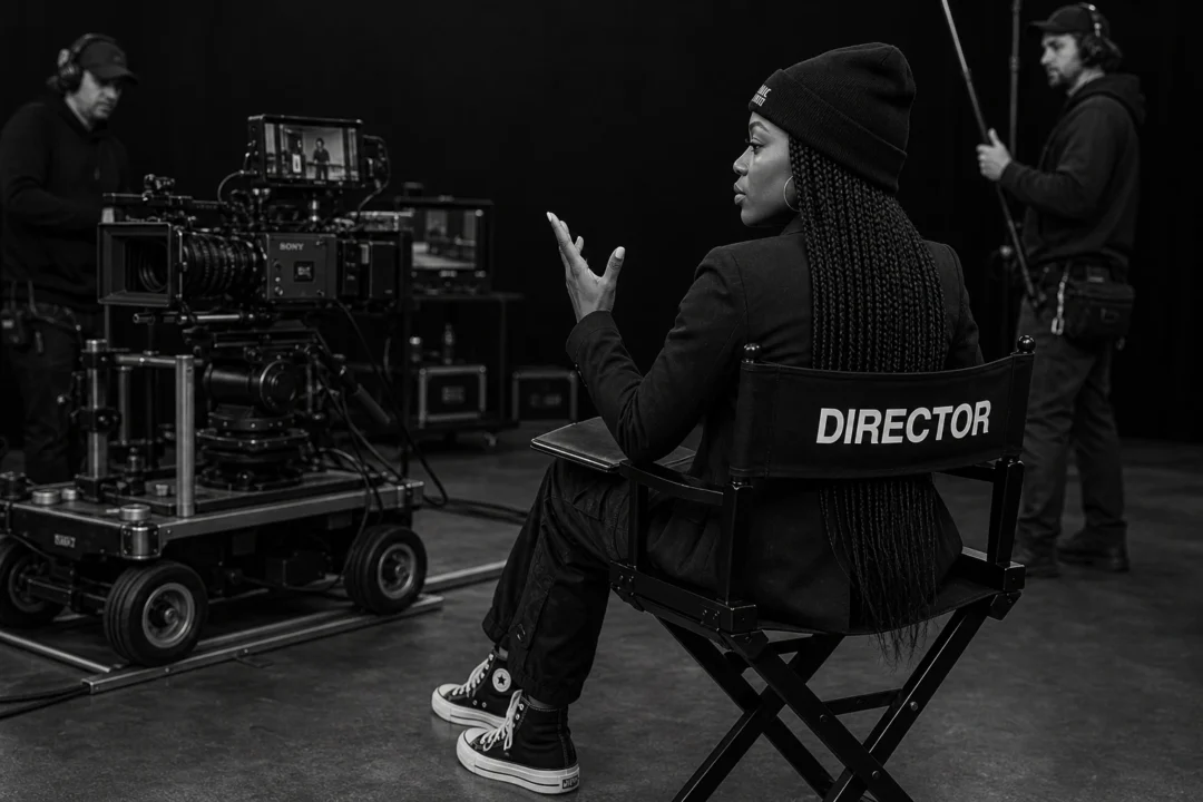 Linda Orji directing from a chair beside a Sony cinema camera on a film set