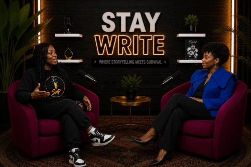 Linda Orji leading a Stay Write Podcast conversation with a stylish Black woman guest in the podcast studio