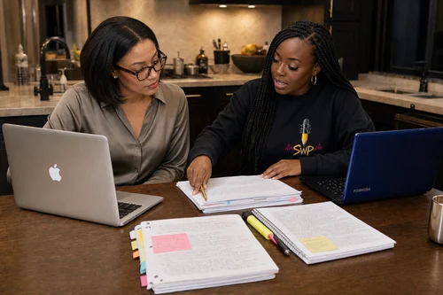 Linda Orji leading focused Stay Write Intensive work at a client's high-end home kitchen table