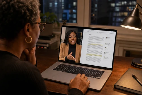 A Writer's Lab client reviewing a manuscript with Linda Orji during a virtual session