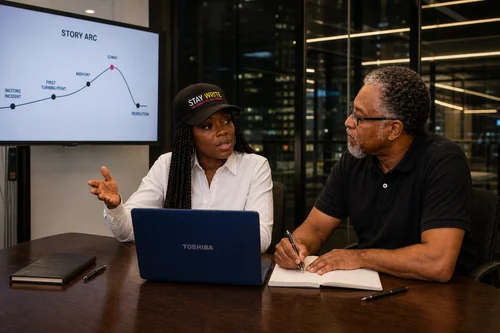 Linda Orji leading an ongoing story-development strategy session with Matthew Marrow