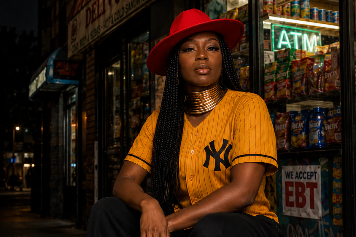 Linda Orji in her mustard New York jersey, red wide-brim hat, black pants, and tan boots outside a neighborhood bodega at night