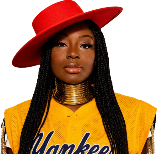 Linda Orji wearing a red hat and a yellow jersey with the Yankees wordmark