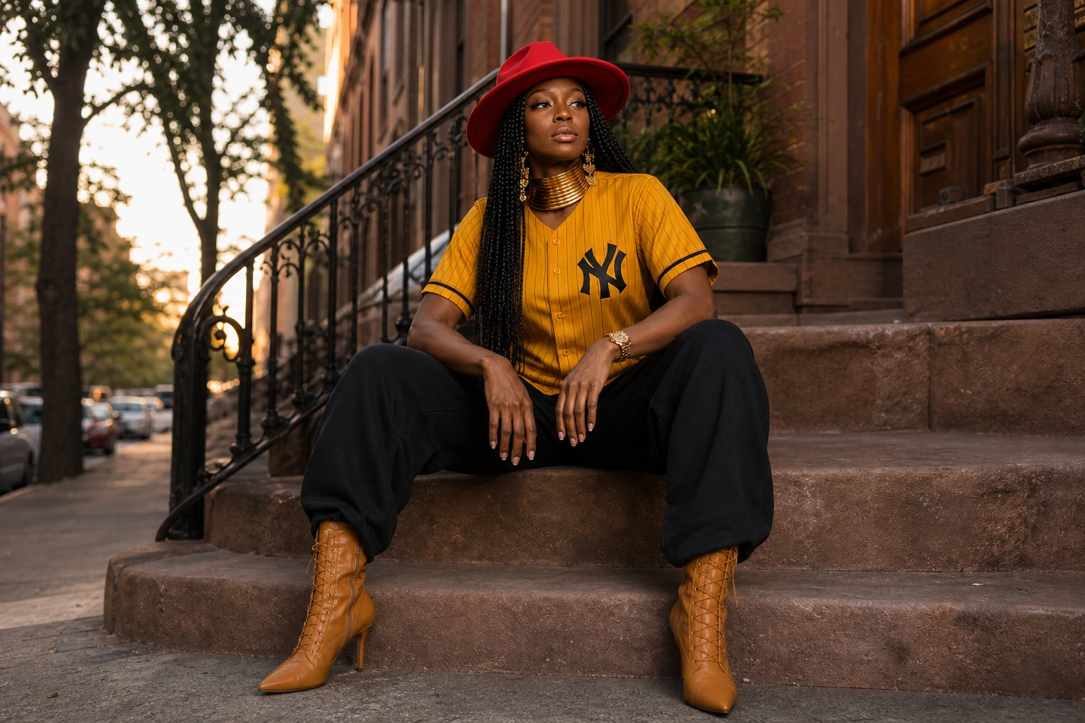 Linda Orji seated confidently on a New York City brownstone stoop in her mustard New York jersey, red wide-brim hat, black pants, and tan boots