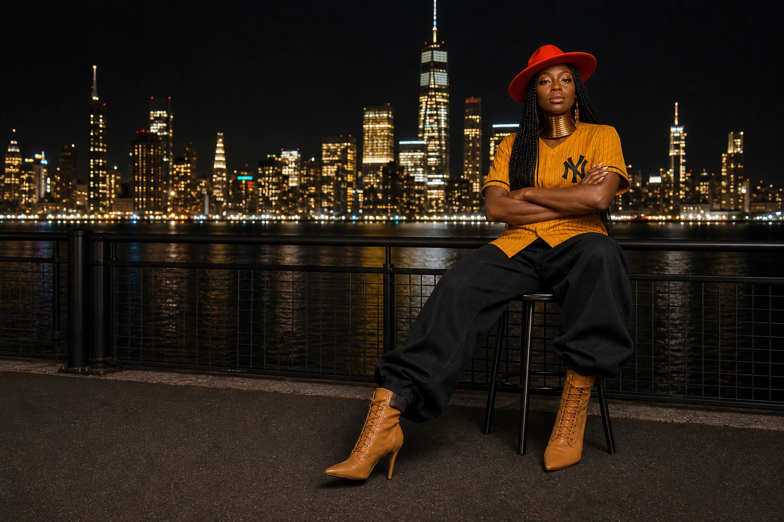 Linda Orji seated confidently at a New York City waterfront overlook at night in her mustard New York jersey, red wide-brim hat, black pants, and tan boots
