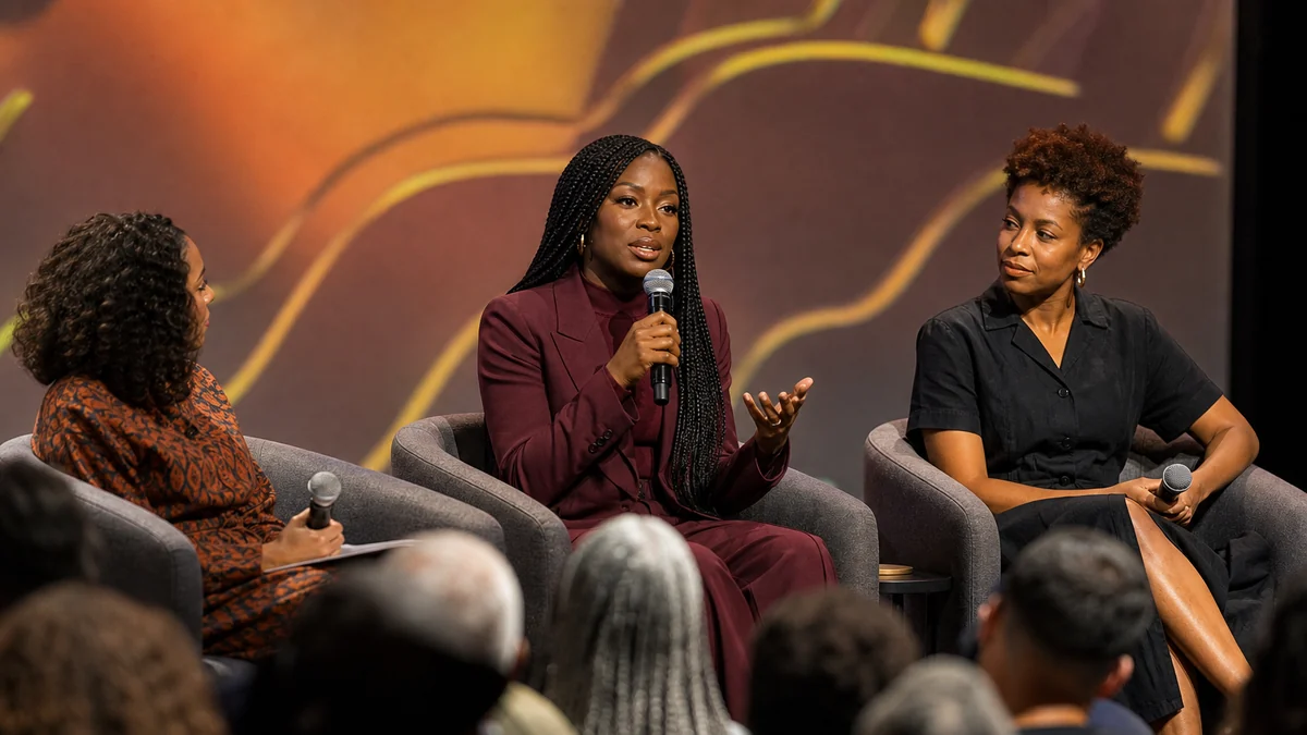 Linda Orji speaking confidently on a literary and creative industry festival panel