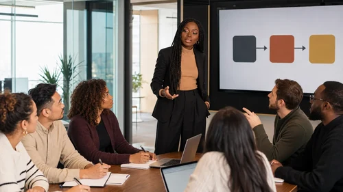 Linda Orji leading a creative training session for an organization in a modern conference room