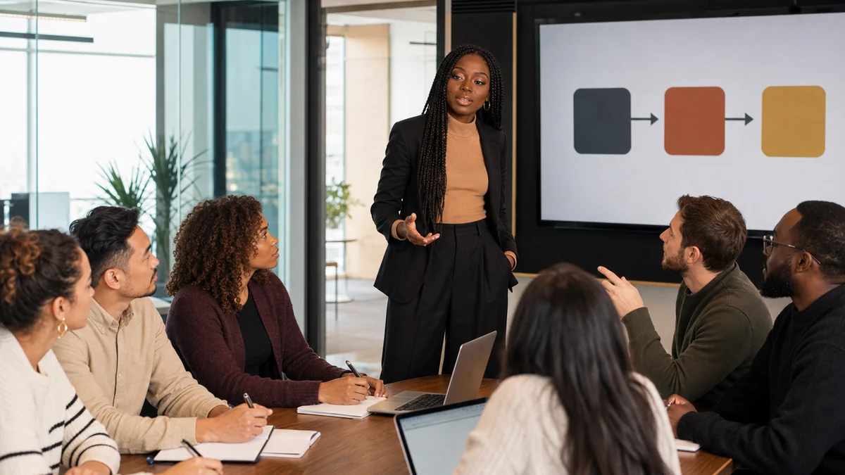 Linda Orji leading a creative training session for an organization in a modern conference room