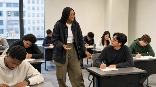 Linda Orji guiding university students during a creative writing classroom workshop