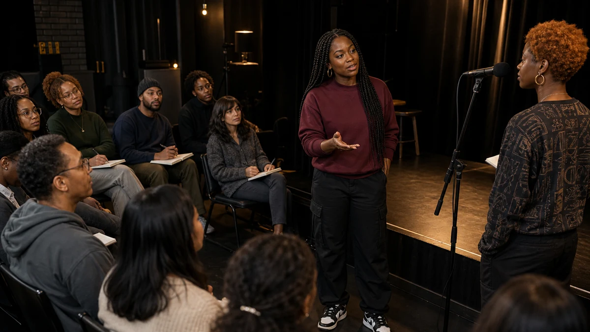 Linda Orji coaching a participant during a poetry and spoken word workshop