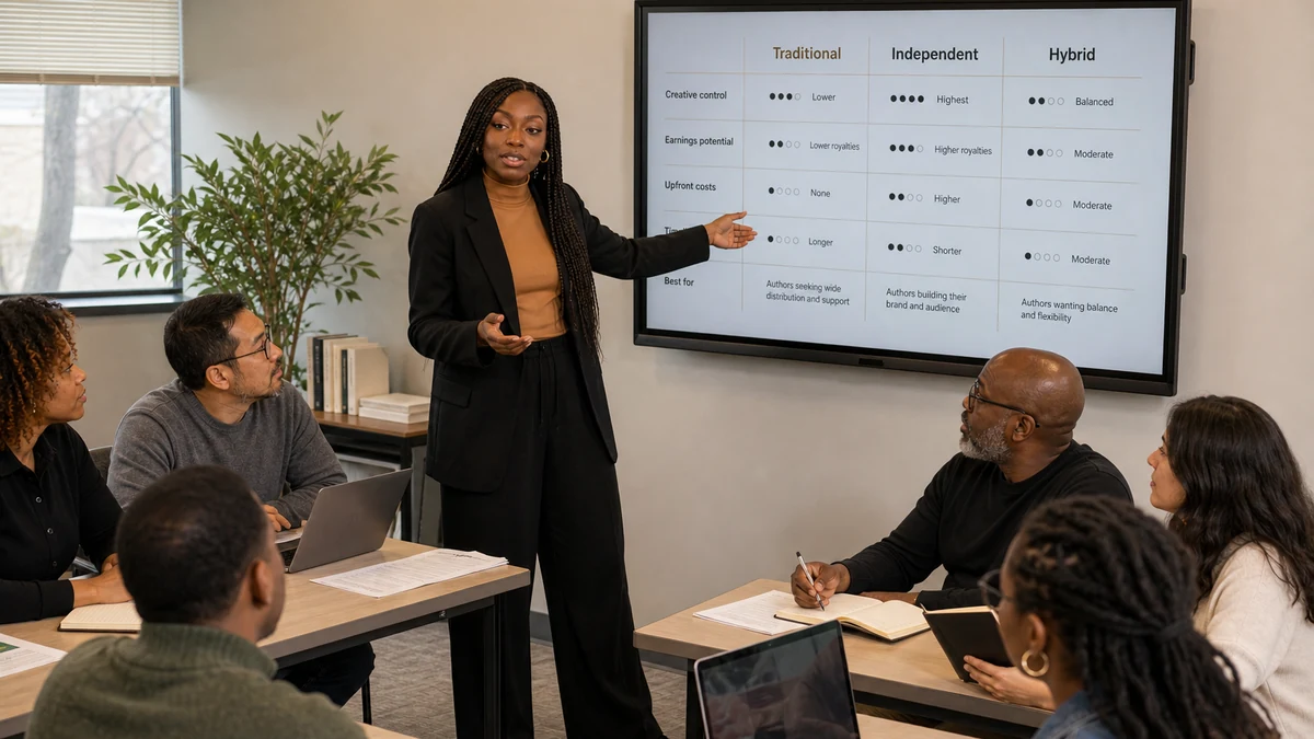 Linda Orji explaining traditional independent and hybrid publishing pathways
