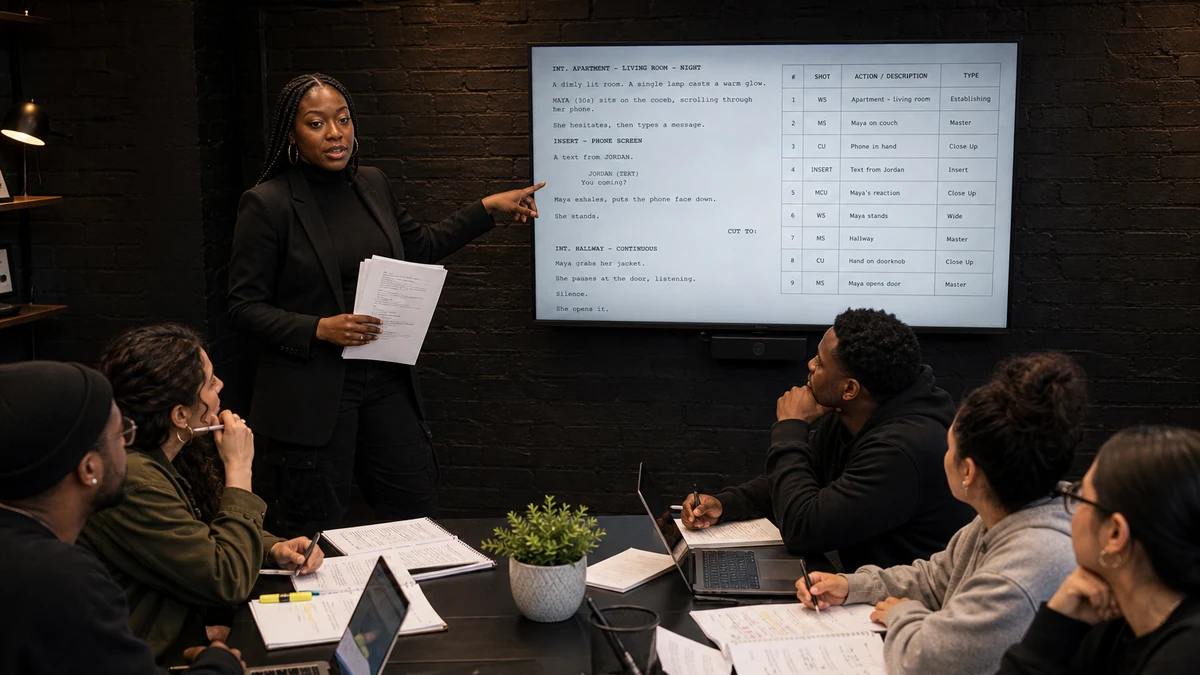 Linda Orji teaching screenwriting fundamentals with a screenplay and shot plan on screen