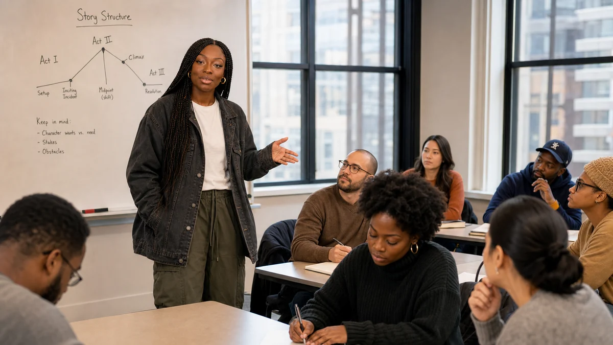 Linda Orji leading a college workshop on story structure while participants write
