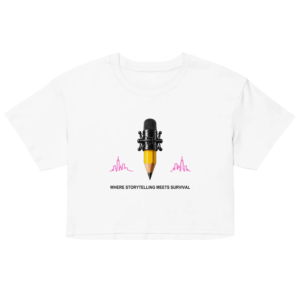 Stay Write Signature Women’s White Crop Tee, front view