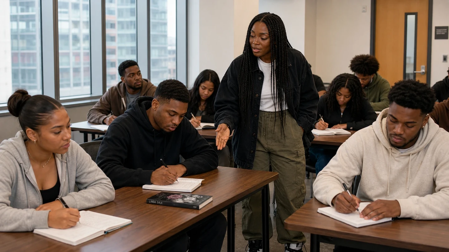 Linda Orji guiding college workshop participants at a classroom table with Cracked Concrete Volume I in use