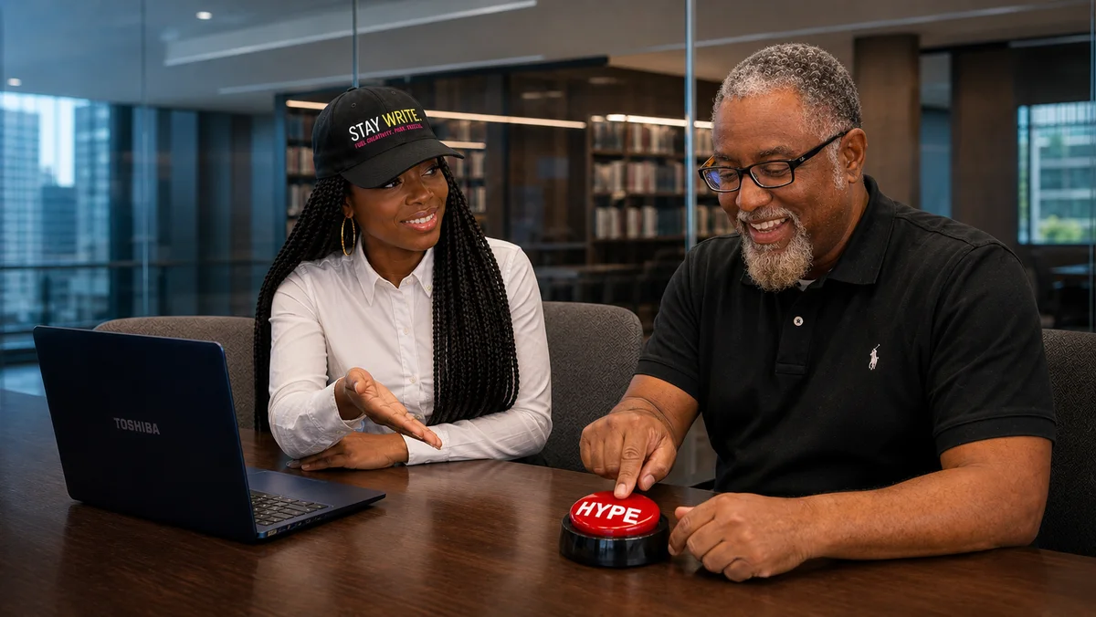 Matthew Gardner pressing Linda Orji’s HYPE button during a Writer’s Residency session.